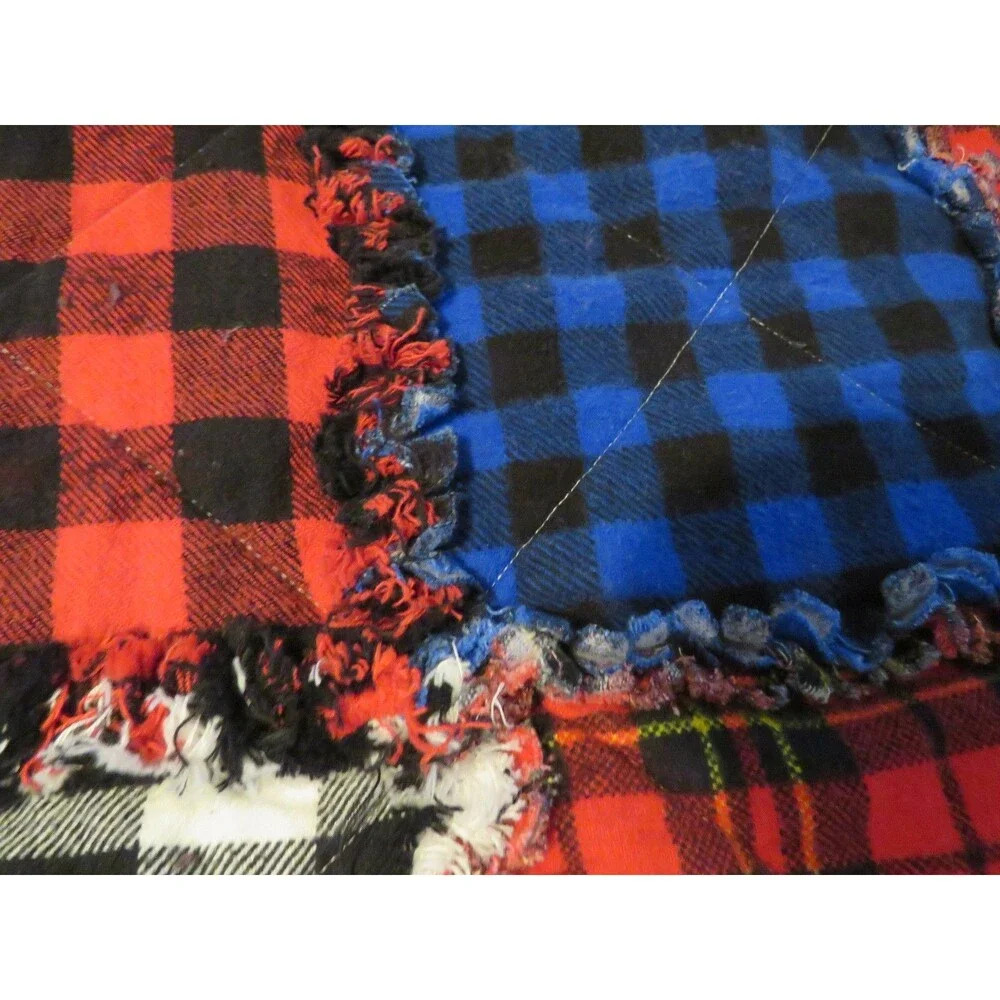Flannel Rag Quilt With Batting, 50x64,Red, Blue, Black Plaid